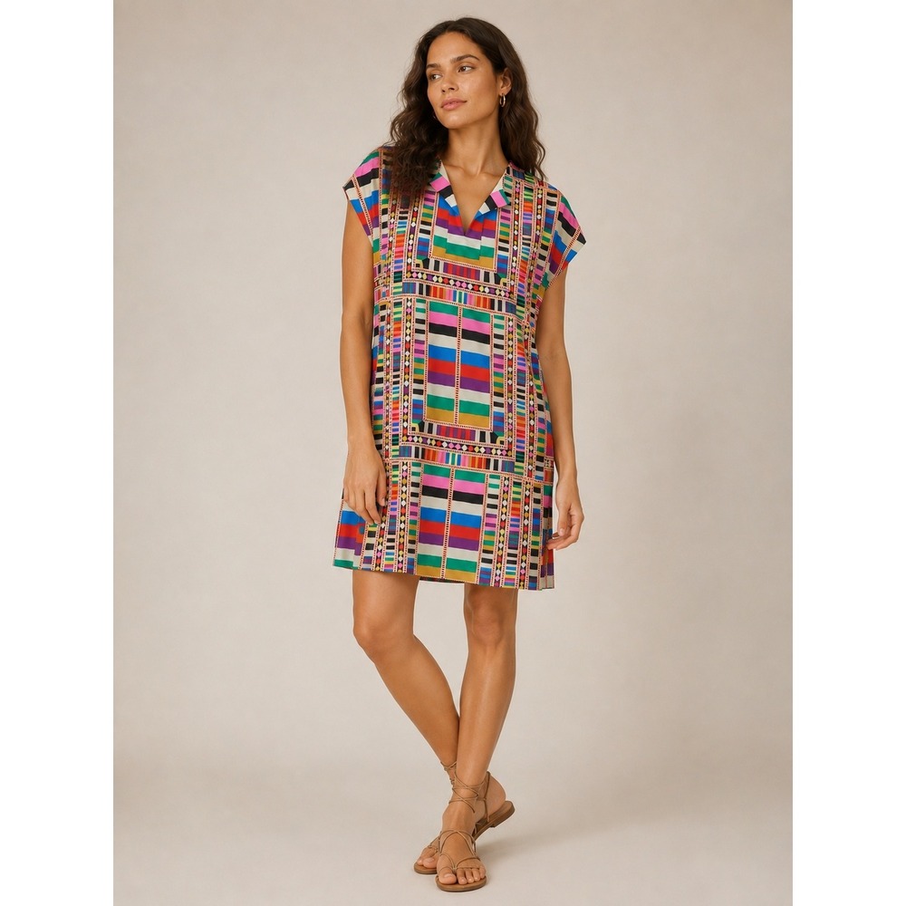 Mara Hoffman Womens Multicolored Geometric Striped V-Neck Shift Mini Dress M